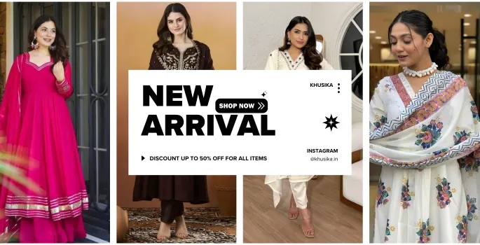 "New arrival ethnic clothing collection featuring colorful traditional dresses with embroidery and mirror work in pink, white, and cream"