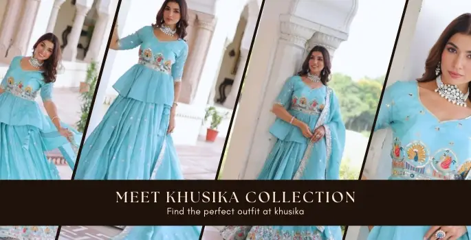 "Women wearing turquoise traditional ethnic dresses from Khusika collection with embroidered details"