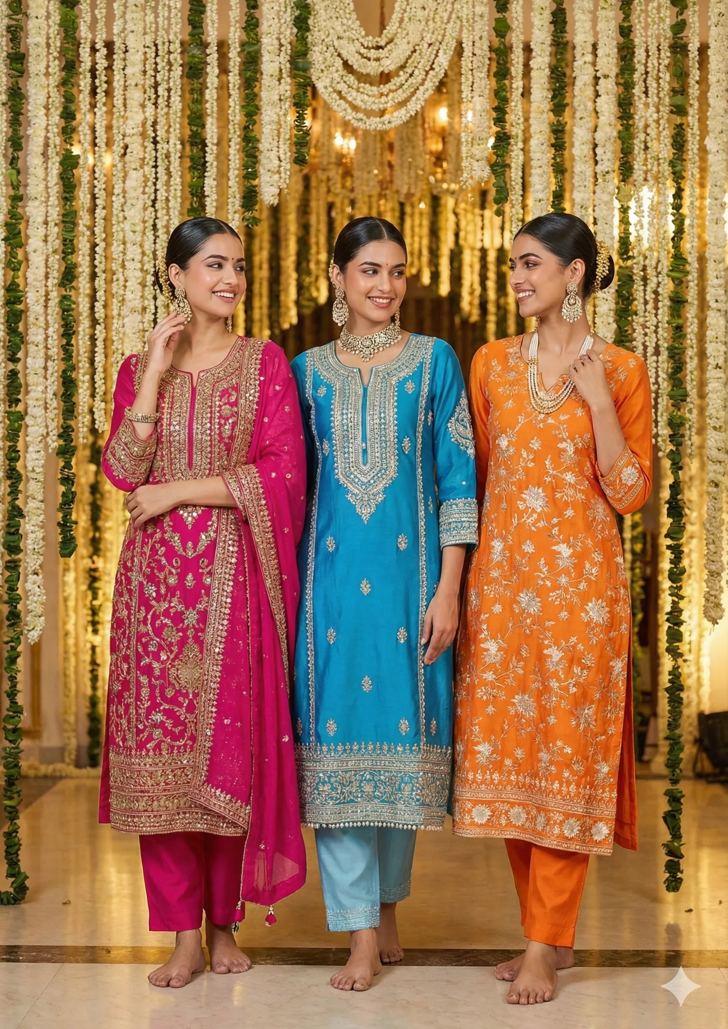 "Three women wearing colorful Indian ethnic Kurti sets in pink, blue, and orange with gold embroidery and traditional jewelry against ornate floral backdrop"
