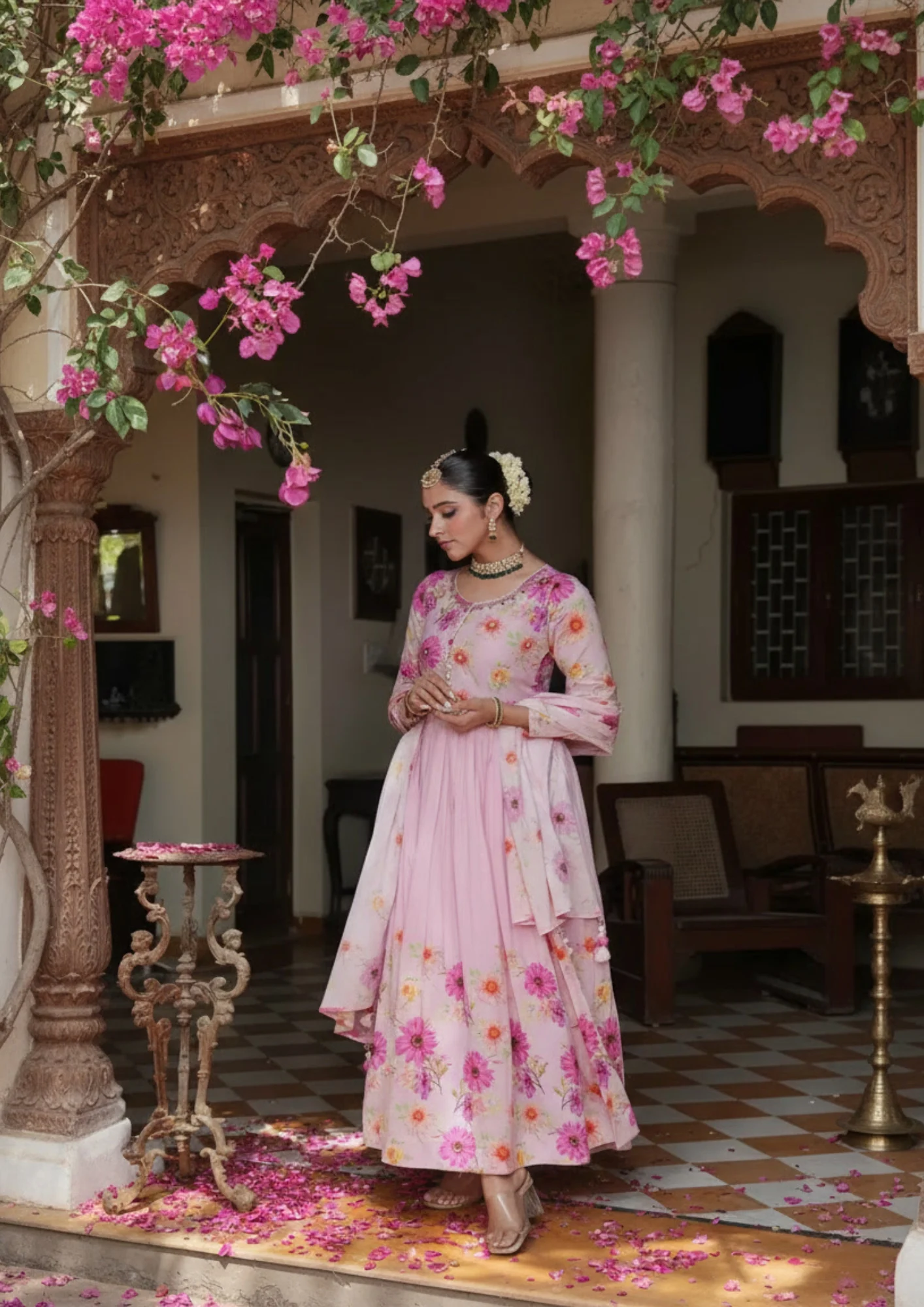 "Woman wearing a Khusika blush pink georgette Anarkali suit with large pink and orange floral prints, standing in a traditional heritage archway with bougainvillea flowers. Full-length ethnic festive wear for weddings."
