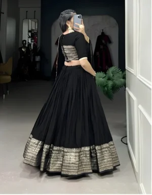 Black Kanchipuram lehenga choli with mirror work choli and embroidered georgette dupatta - front view