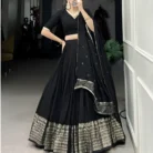 Designer black lehenga choli with embroidered dupatta showing full length and back view details