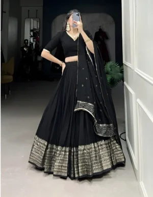 Designer black lehenga choli with embroidered dupatta showing full length and back view details