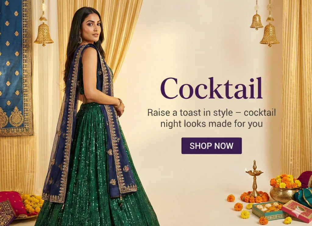 Banner advertisement for Khusika Ethnic featuring a woman wearing an emerald green sequin lehenga and navy dupatta. The text reads "Cocktail - Raise a toast in style" in deep purple brand color. Background includes gold curtains, hanging bells, and festive Indian decor.