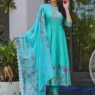 Neck Work Cotton Anarkali Kurti With Bottom Dupatta blue