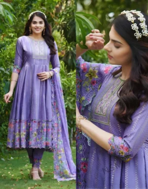 Purple cotton anarkali kurti with hand-embroidered neckline and colorful floral print dupatta, paired with matching leggings