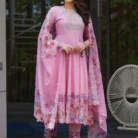 Neck Work Cotton Anarkali Kurti With Bottom Dupatta lite pink