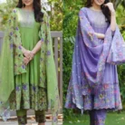 Purple cotton anarkali kurti with hand-embroidered neckline and colorful floral print dupatta, paired with matching leggings
