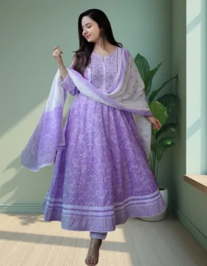 Purple Printed Anarkali Suit with Dupatta for Women - Traditional Indian Ethnic Wear