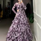 Purple tabby silk printed lehenga set with hotfix embellishments, long-sleeve blouse, and dupatta for Indian weddings