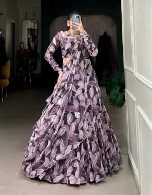 Purple tabby silk printed lehenga set with hotfix embellishments, long-sleeve blouse, and dupatta for Indian weddings