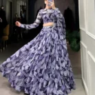 Purple tabby silk printed lehenga set with hotfix embellishments, long-sleeve blouse, and dupatta for Indian weddings