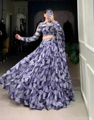 Purple tabby silk printed lehenga set with hotfix embellishments, long-sleeve blouse, and dupatta for Indian weddings