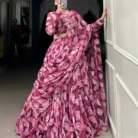 Purple tabby silk printed lehenga set with hotfix embellishments, long-sleeve blouse, and dupatta for Indian wedding