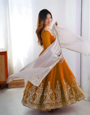 Heavy georgette anarkali suit maroon red with multi-thread embroidery and sequence work, paired with grey net dupatta for wedding and festive occasions