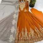 narkali neckline embroidery design showing heavy traditional work with sequence and thread detailing on georgette