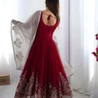 Red bridal georgette lehenga choli with heavy embroidery and sequence work, complete with matching dupatta for Indian wedding