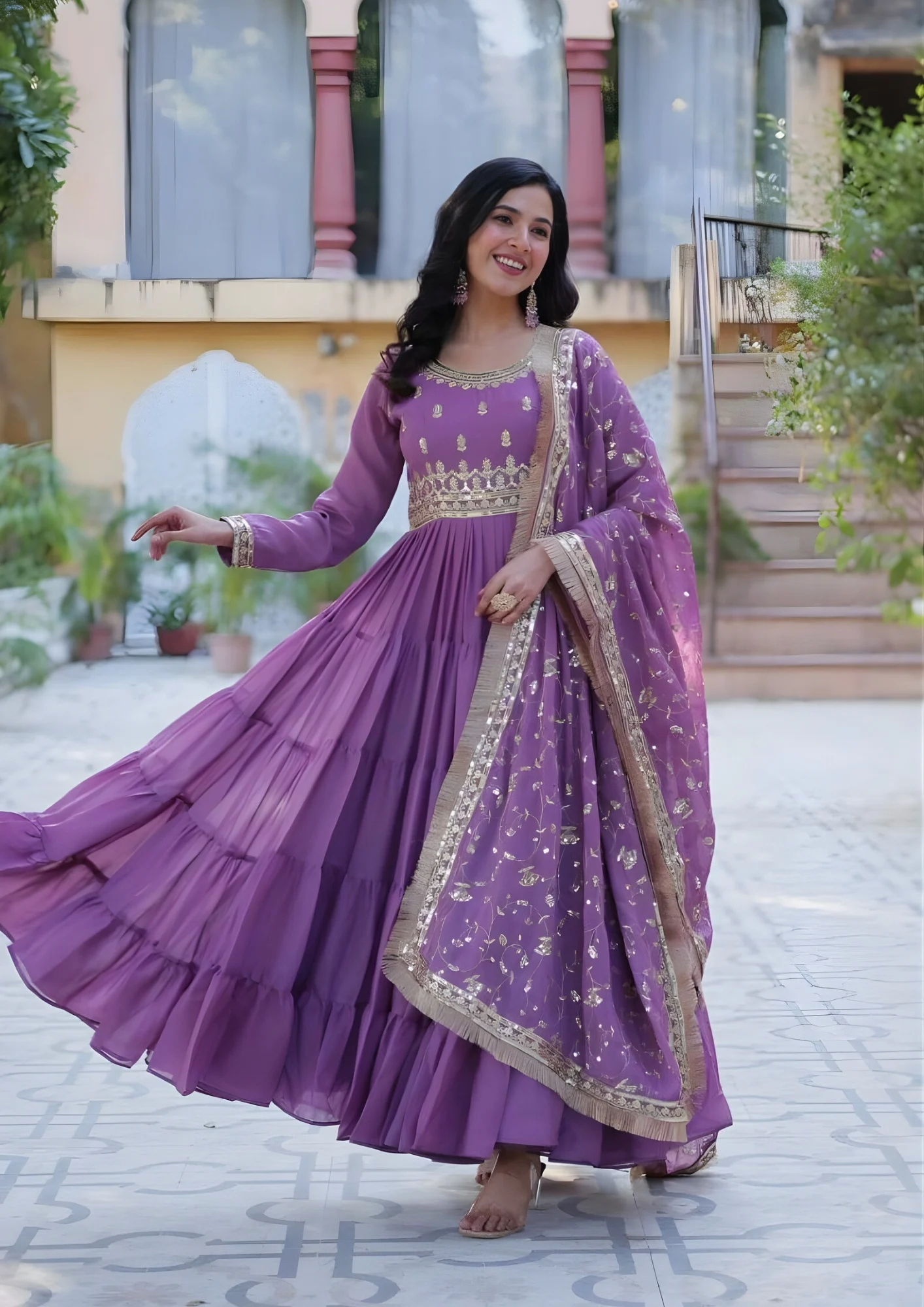 Purple embroidered Anarkali gown set with gold floral zari work, pleated A-line silhouette, and matching dupatta - Traditional Indian ethnic wear by Khusika