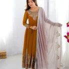 Designer anarkali lehenga mustard gold with golden thread embroidery work, light pink net dupatta for wedding ethnic wea