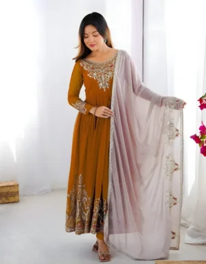 Designer anarkali lehenga mustard gold with golden thread embroidery work, light pink net dupatta for wedding ethnic wea