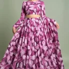 Purple printed lehenga choli dupatta set with floral leaf design for bride and special events