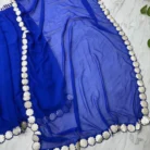 Show-stopping royal blue organza lehenga with pearl embroidered blouse and matching dupatta for wedding wear